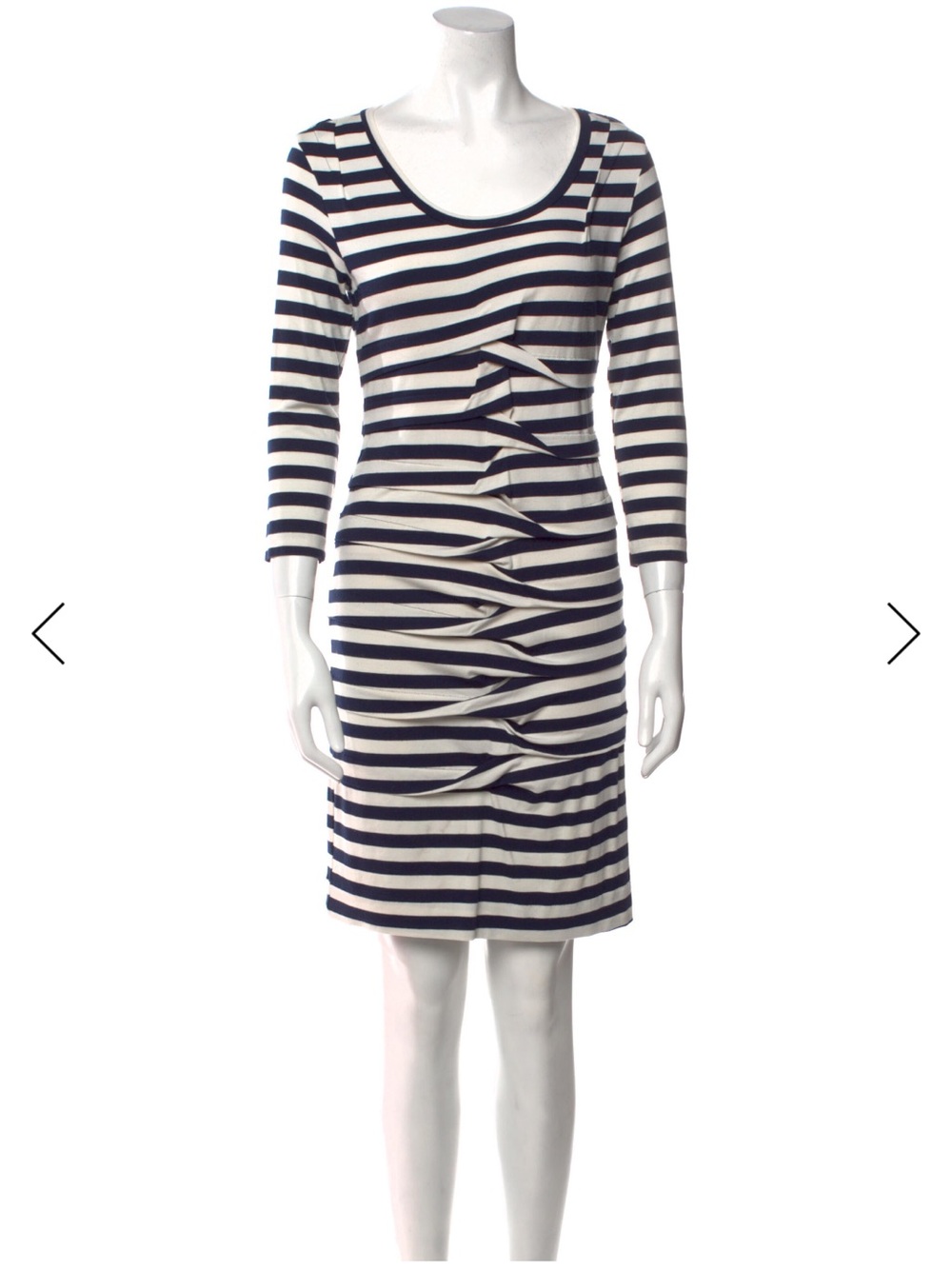 Nicole Miller Navy and Cream Striped Ruched Sheath Dress